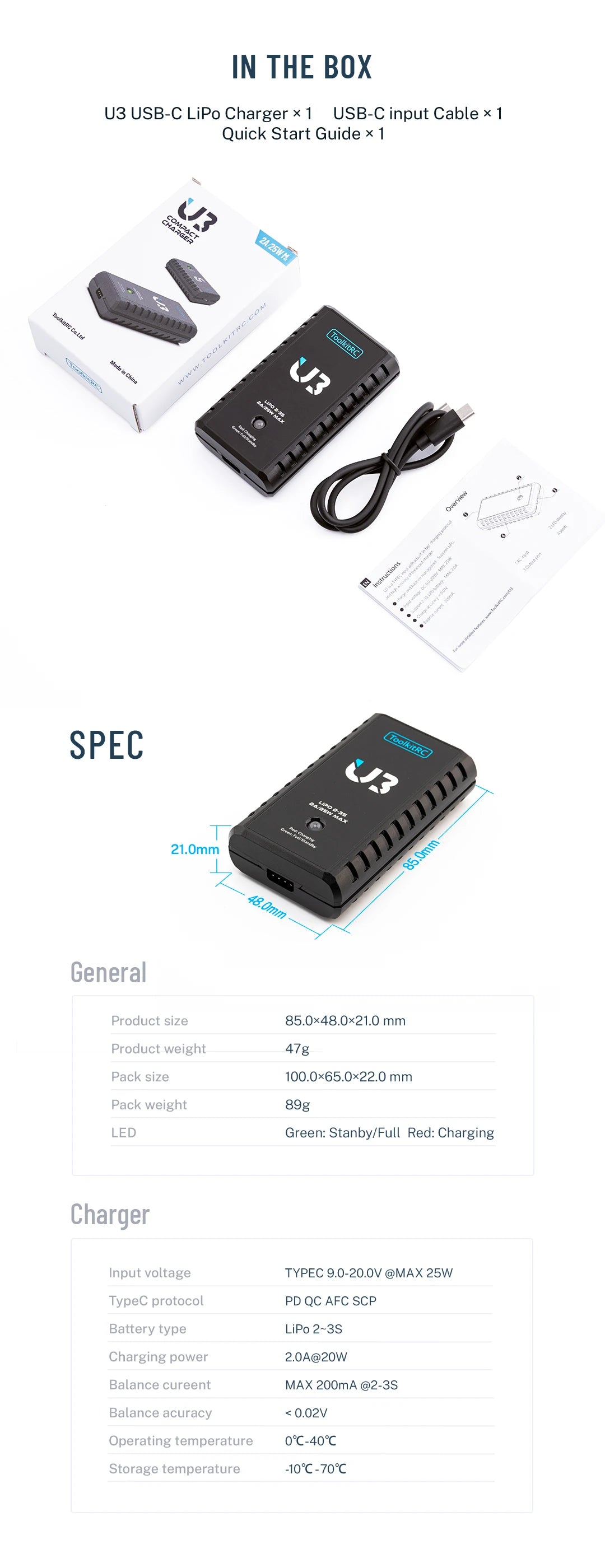 ToolkitRC U3 2-3S LiPo UN3 4-8S USB-C NiMh Battery Charger 2A 25W Balance Port Direct Charge for RC Model FPV Drone Car Airplane