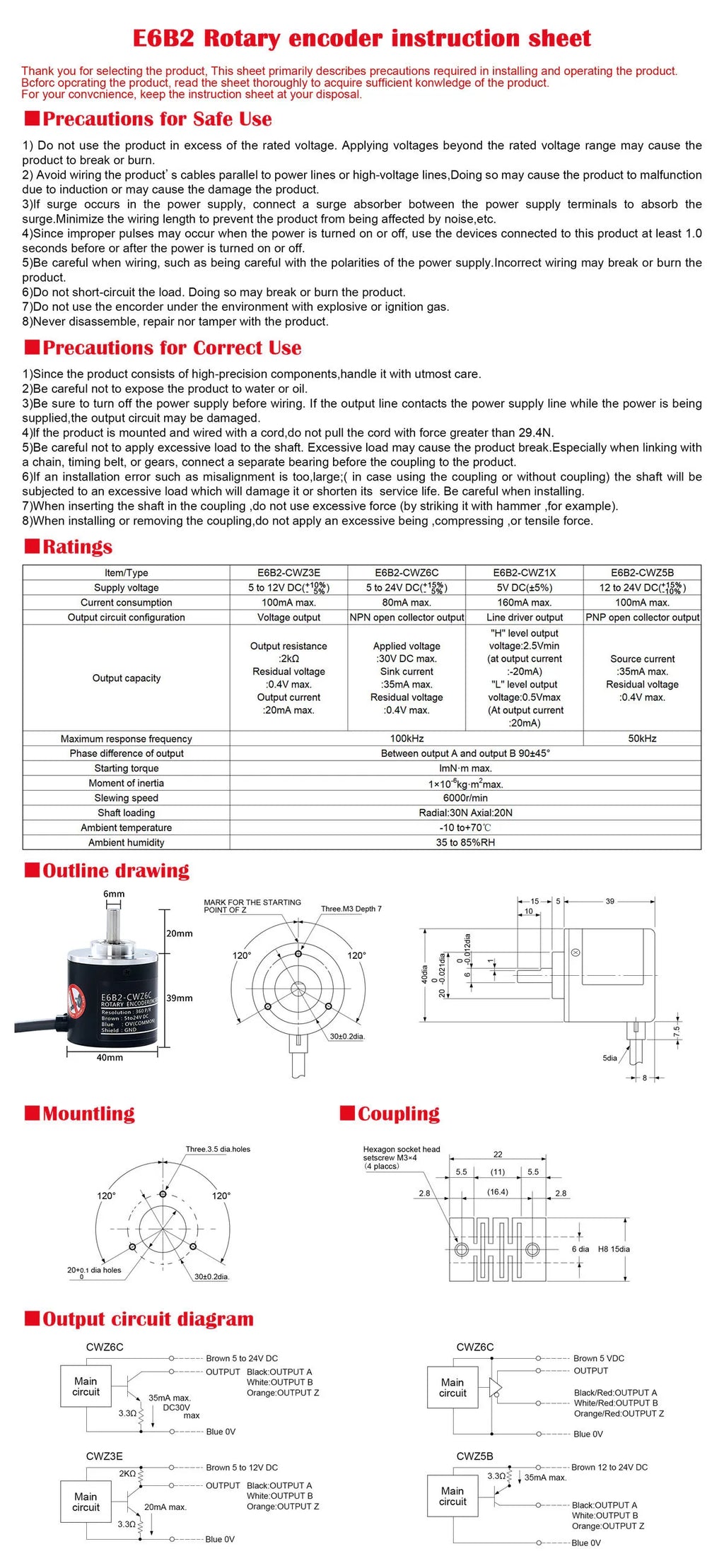 1 Pc E6B2C-WZ6C Rotary Encoder Rotational Incremental Type Rotary Switch Stable Pulse NPN 100-2000P/R DC 5-24V