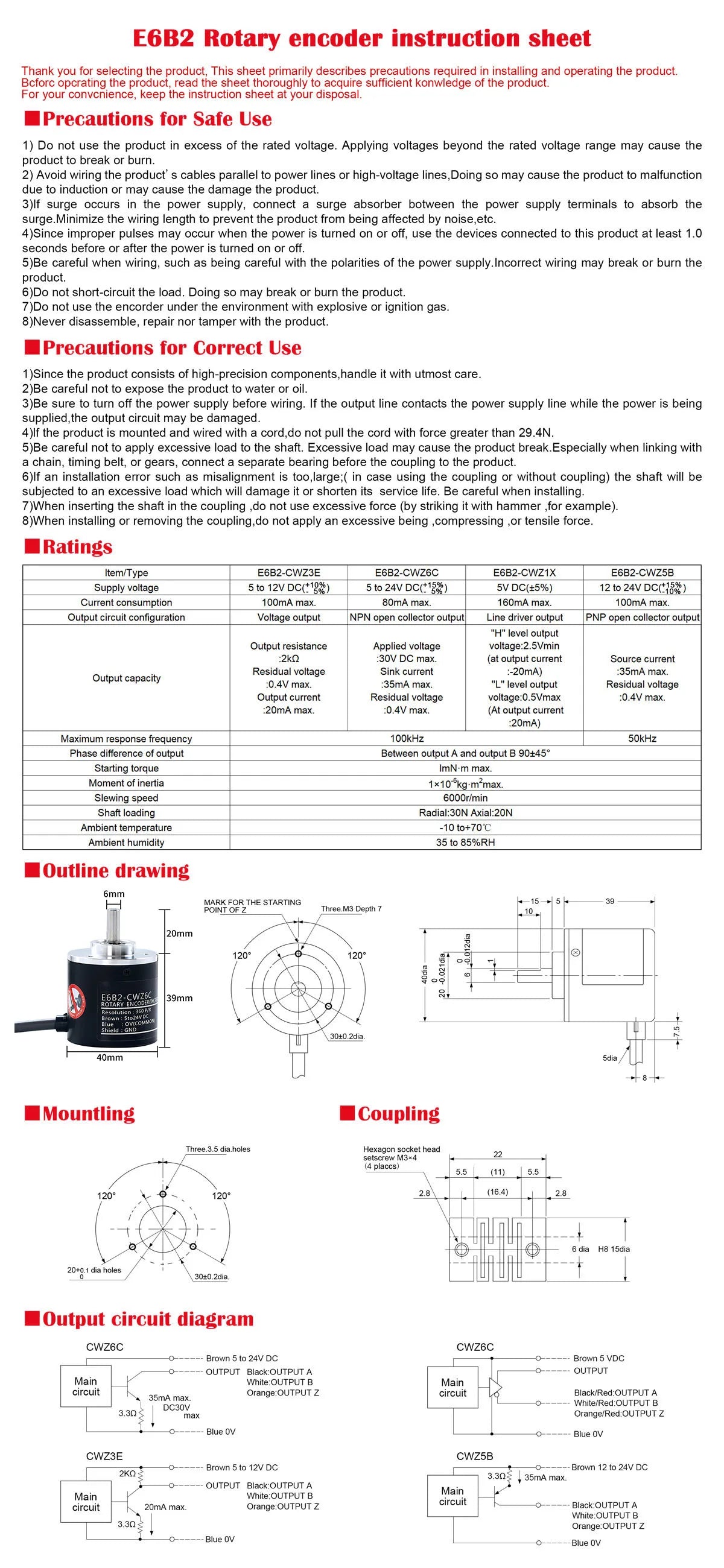 1 Pc E6B2C-WZ6C Rotary Encoder Rotational Incremental Type Rotary Switch Stable Pulse NPN 100-2000P/R DC 5-24V