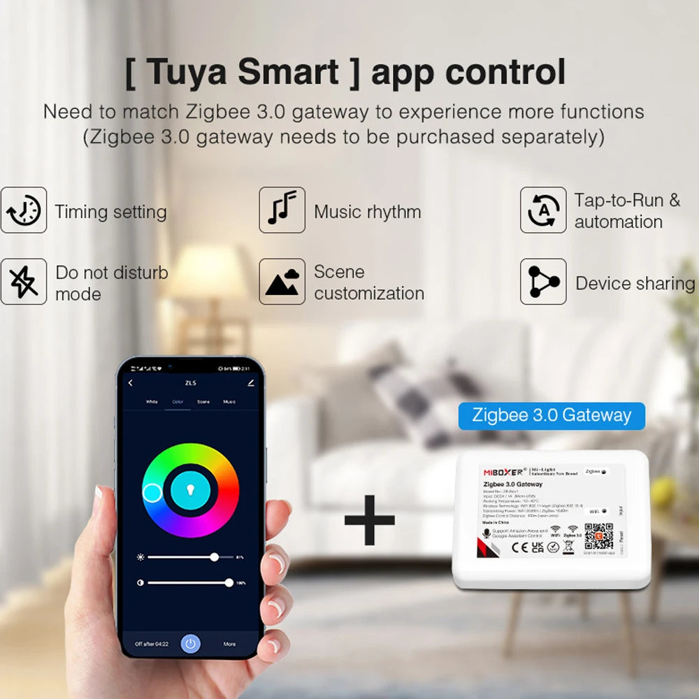 ZL5 FUT089Z Miboxer Zigbee 3.0+2.4G 5 in 1 LED Strip Controller For Single Color/Dual White/RGB/RGBW/RGB+CCT 2.4G Remote Control