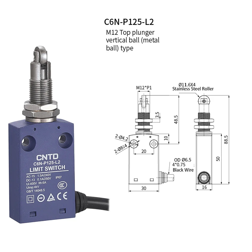 CNTD Micro Limit Switch C6N Series C6N‑101 C6N‑102 C6N‑111 C6N‑121 1NO1NC 10A 250V IP67 Waterproof For Automated Machinery