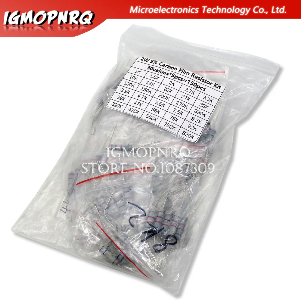 150PCS 300PCS Resistor Kit 1W 2W 3W 5W 5% 30Kinds X 10PCS Carbon Film Resistance 0.1-750 ohm Set 1k-820K 30Kinds X 5PCS hjxrhgal