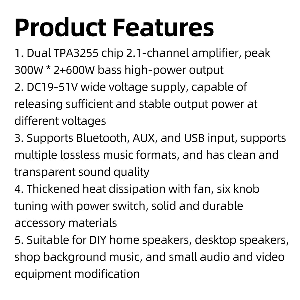 2 1 Channel High Power Subwoofer Amplifier XY DP600H Dual TPA3255 Chip DC 19 51V 10A Bluetooth AUX U Disk Input Cooling Fan