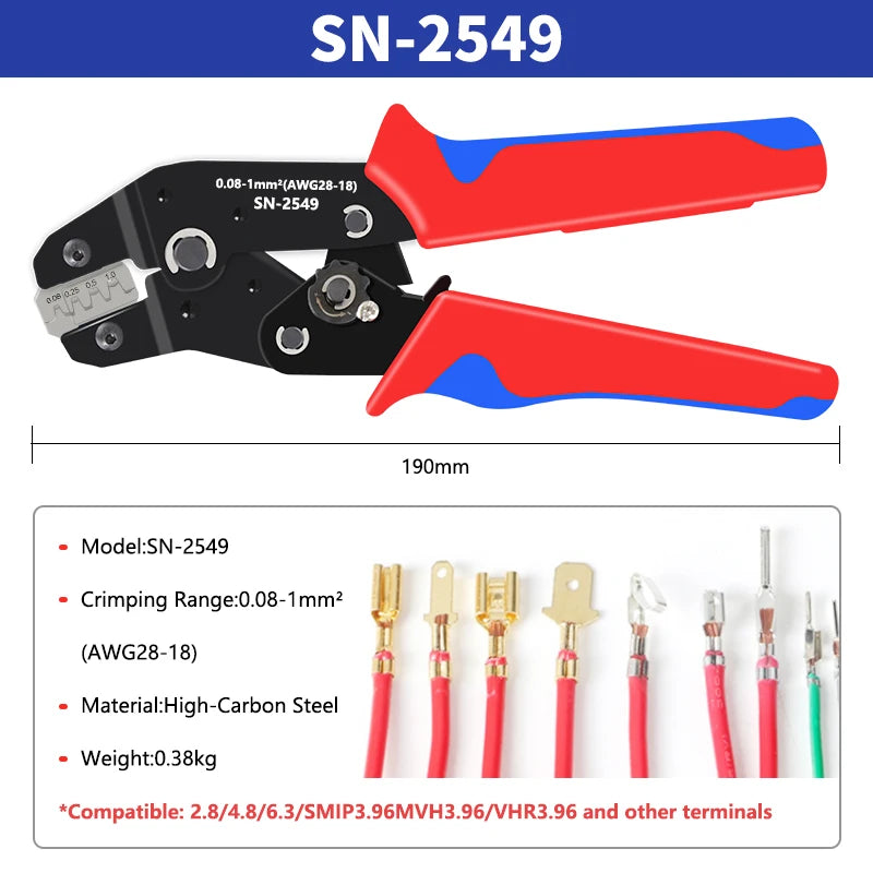 Ratcheting Crimping Plier for PH2.0/XH2.54/2.54/2.8/3.0/3.96/4.8/KF2510/JST Terminal Dupont Connectors Crimper Tool SN-2549