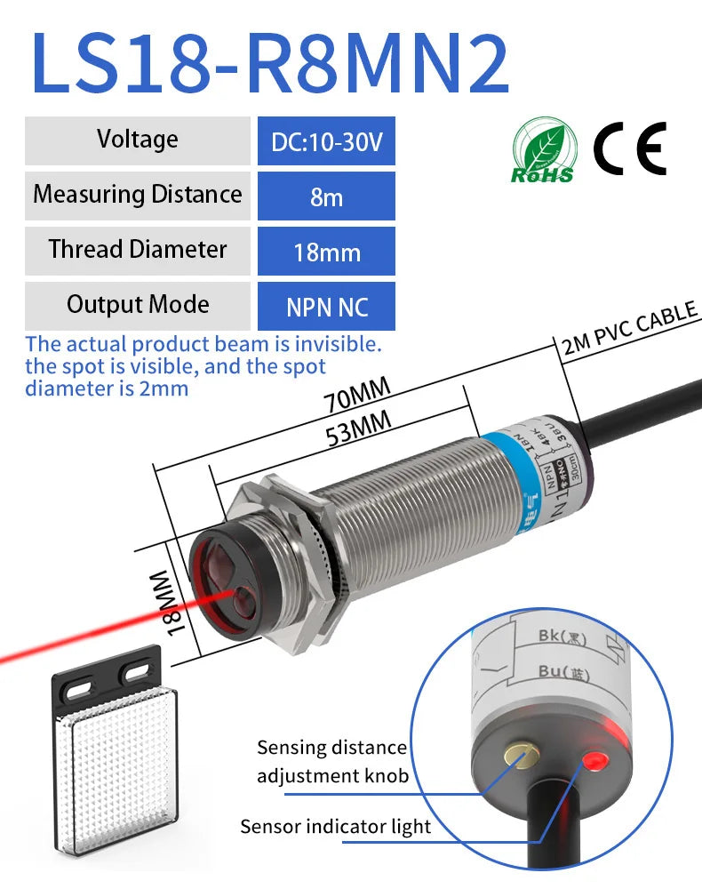 GTRIC Laser Photoelectric Sensor Retro-reflective M18 Series 10-30V NPN PNP Visible Spot 2mm Sensing Distance 8M Adjustable