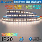 Auxmer 2835 WWCW LED Strip Lights,120LEDs/m 240LEDs/m,CRI＞95 Super Bright Flex LED DC12/24V,5m/reel,CCT 2400~6500K,IP20,3SDCM