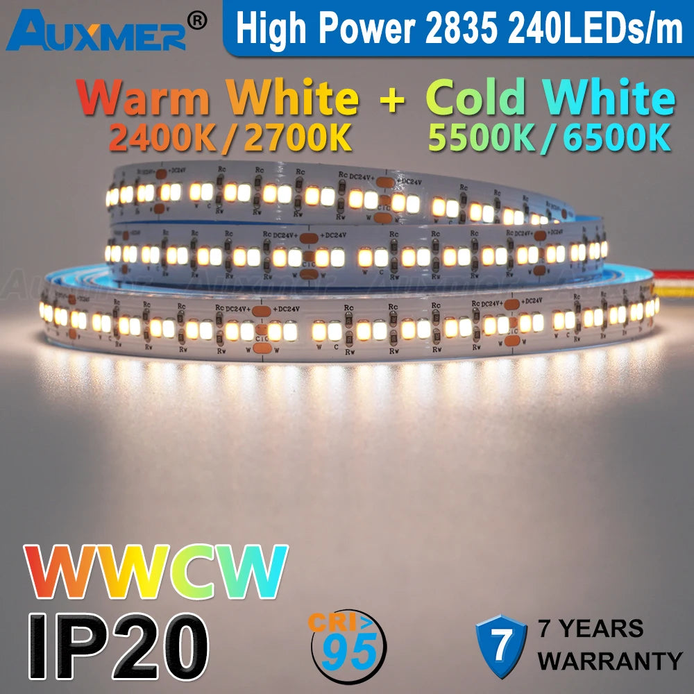 Auxmer 2835 WWCW LED Strip Lights,120LEDs/m 240LEDs/m,CRI＞95 Super Bright Flex LED DC12/24V,5m/reel,CCT 2400~6500K,IP20,3SDCM