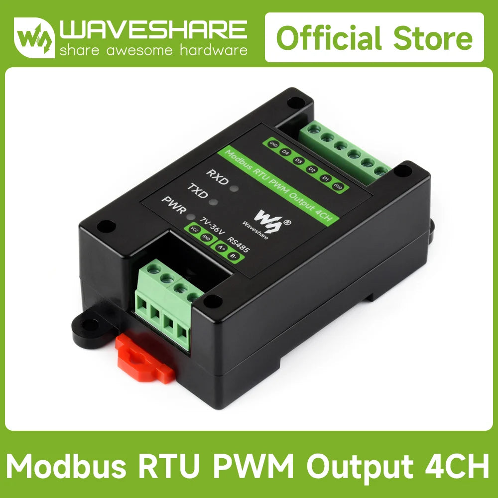 Waveshare Industrial 4-Ch PWM Output Module, Modbus RTU Protocol,RS485 Interface, Adjustable Frequency and Duty Cycle