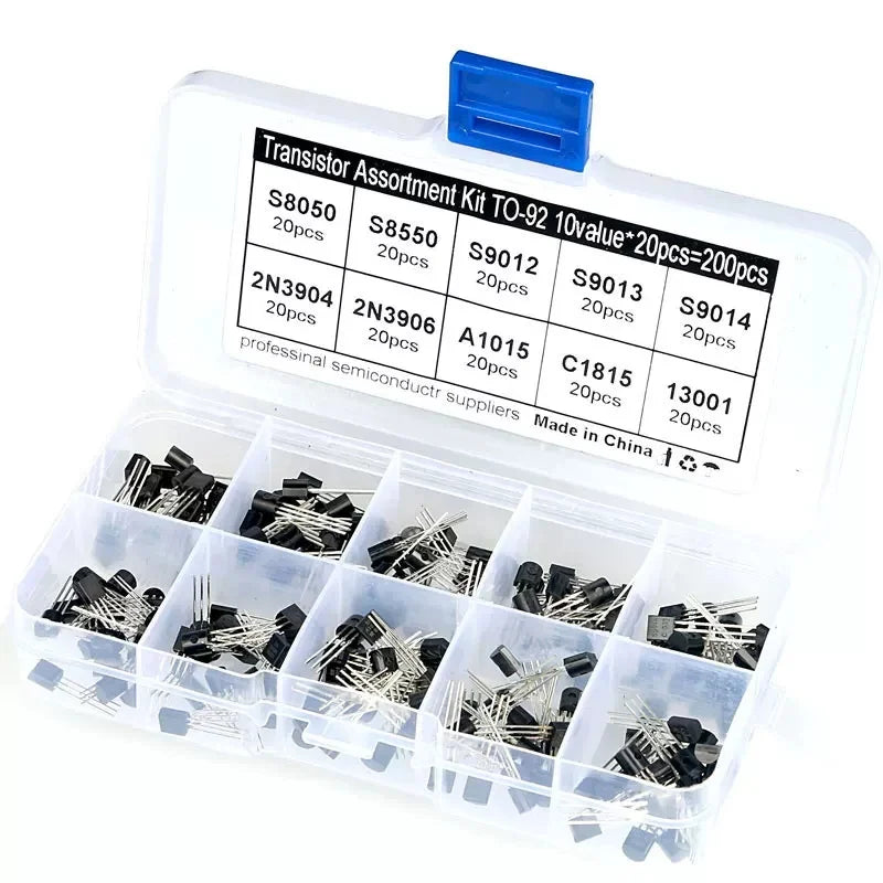 10Value 200PCS Transistor Assortment Kit S8050 S8550 2N2222 2N2907 BC337 BC327 BC517 BC556 2N3904 2N3906 A1015 C1815 Wit Box