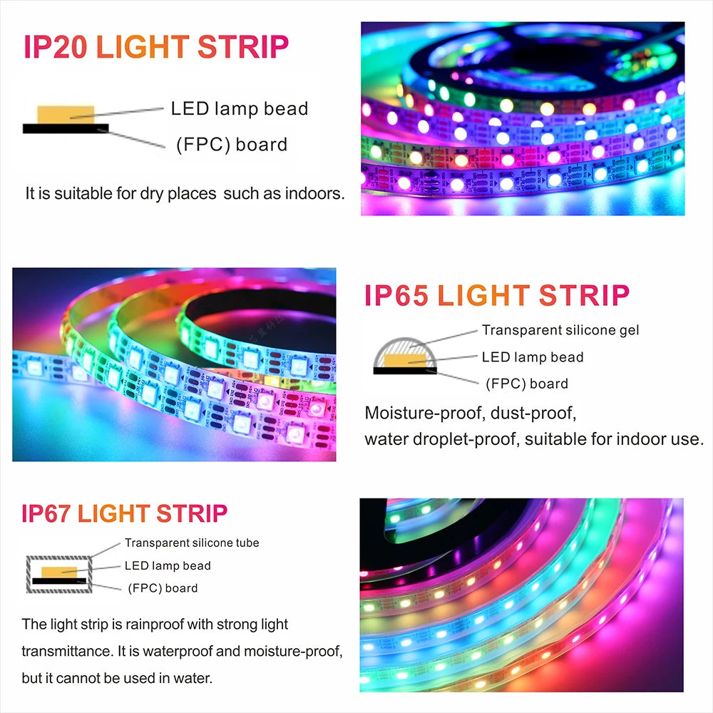 WS2812B  Led Strip 5v  30/60/74/96/144 Leds Smart RGB Pixel Strip Black/White PCB IP30/65/67 WS2811 IC Led Light 1m/2m/3m/4m/5m