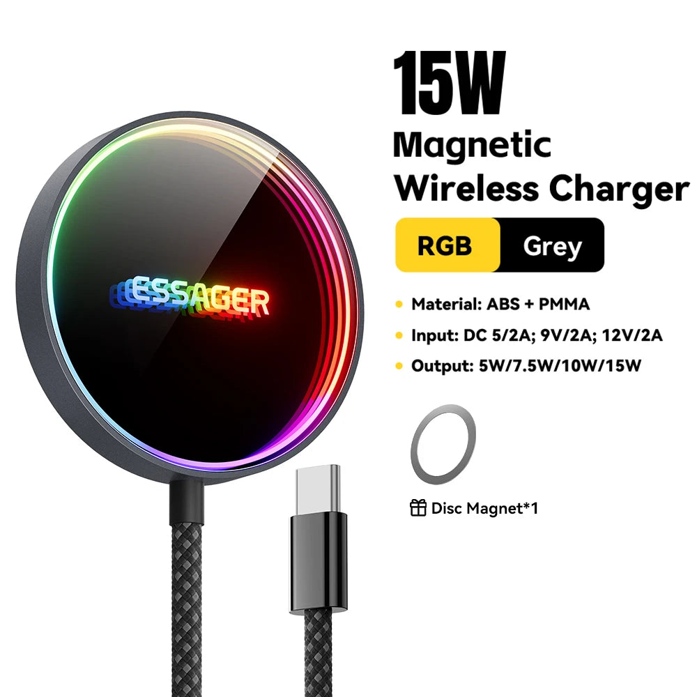 ESSAGER 15W Magnetic Wireless Chargers Qi Qi2 Wireless Charger Fast Charging Pad for iPhone 17 16 15 14 Mini Phone Charger