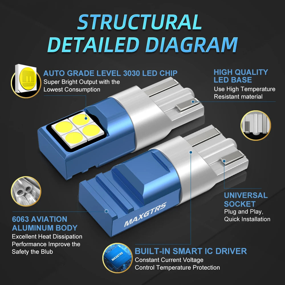 2x T10 LED Lamp W5W 168 194 LED Bulb License Plate Light 6000K Super Bright Warm White Ice Blue 3030 Car Interior Reading Lights