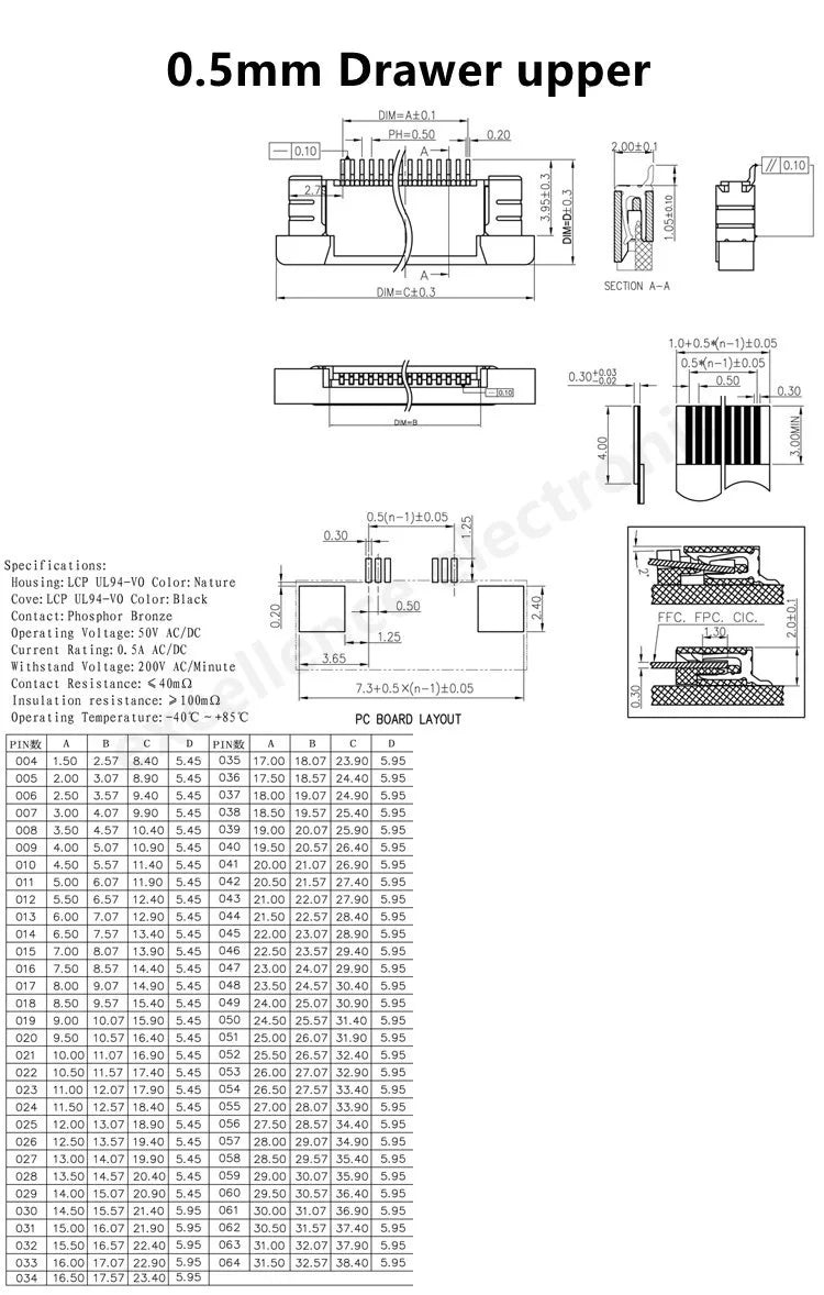 5pcs FPC Connector 0.5mm/1.0mm Pitch Drawer Type Upper/ Bottom Contact Type Socket FFC Flat Cable Socket 4P 5P 6P 8P 10P-60Pin