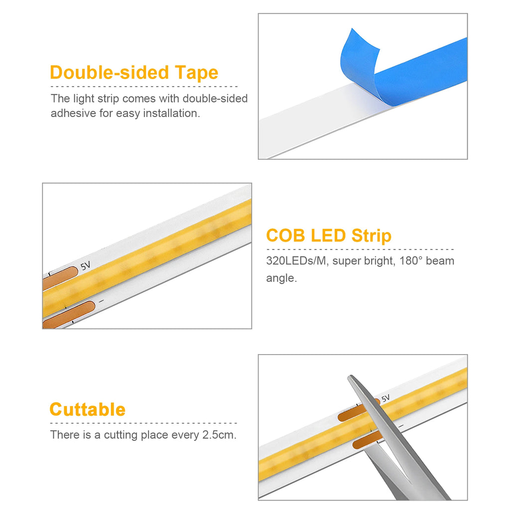 DC5V COB LED Strip with Dimmable Remote Control 2/3/5M White/Warm White COB Strip Light For Indoor Home Cabinet Decor Lighting