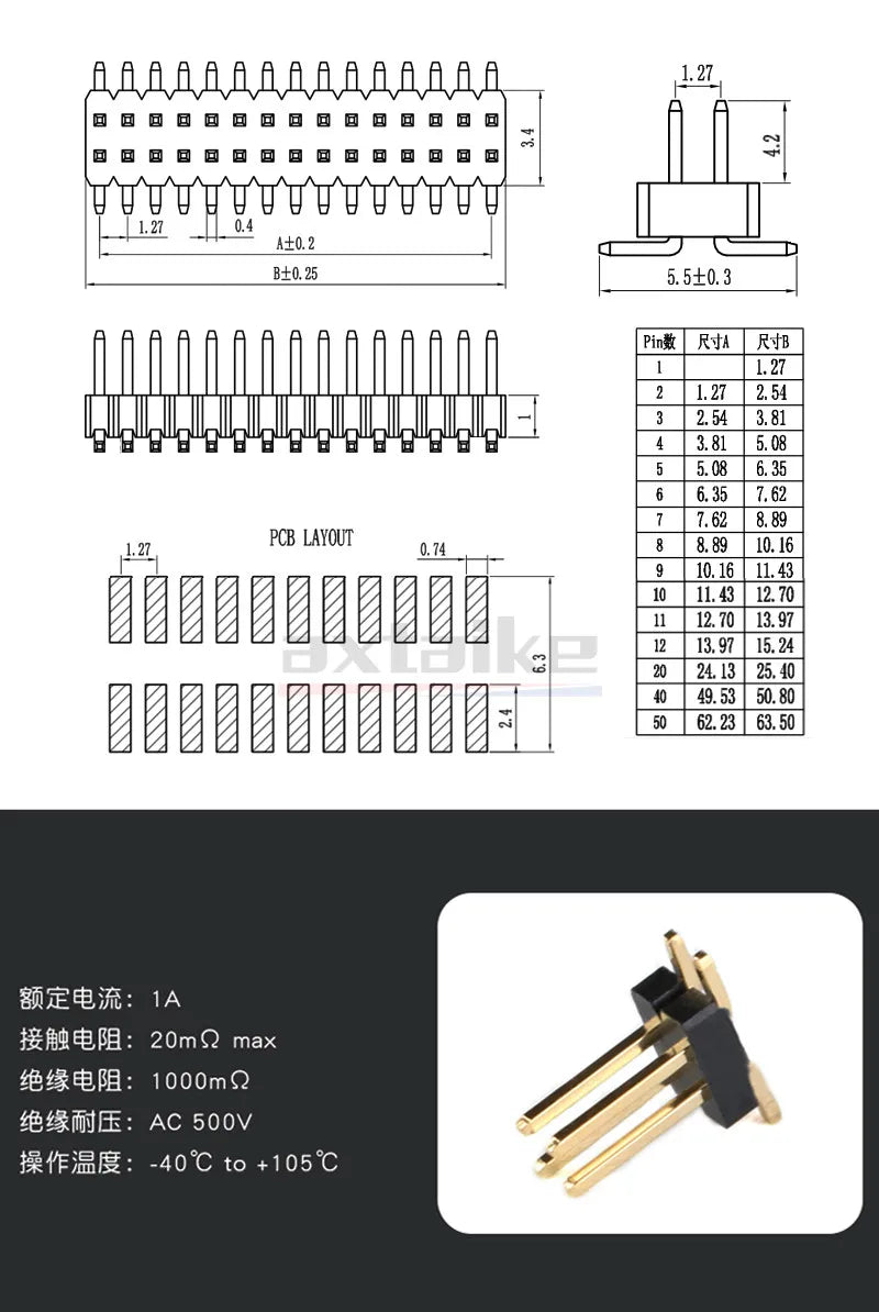 20PCS 1.27mm Pin Header PCB Connector 2P 3P 4P 5P 6P 7P 8P 9P 10P 12P 15P 16P 20P 25P 30P 40P 50Pin SMD Single Double Row Male