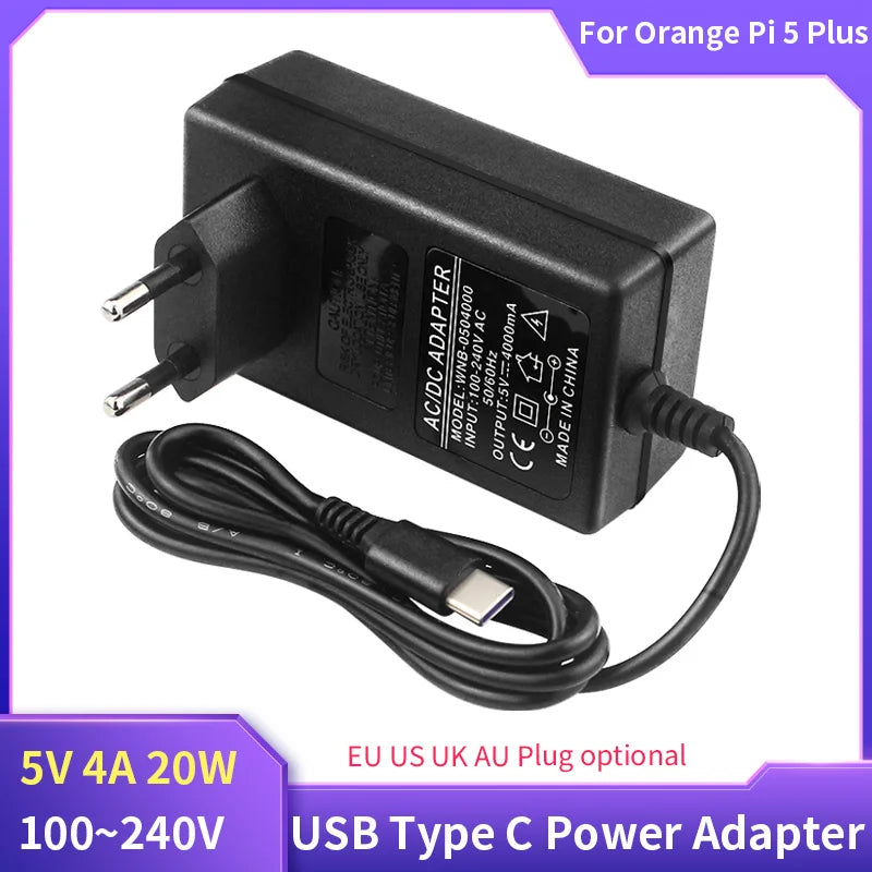 Orange Pi 3 LTS Power Supply 5V 4A USB Type C Power Adapter 100-240V EU US Plug Charger for OPI 5 Plus 5B 4 LTS Raspberry Pi 4B