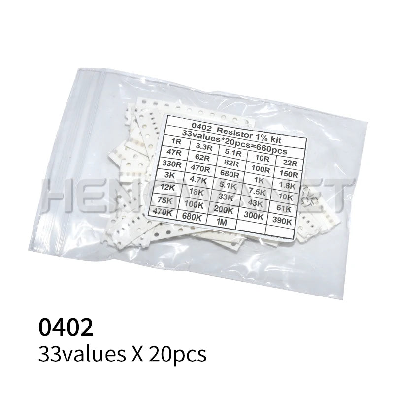 660pcs=33valuesX 20pcs 1% 100% Brand New and High Quality 1206 0603 0402 0805 0201 SMD Resistor Sample Assorted Kit