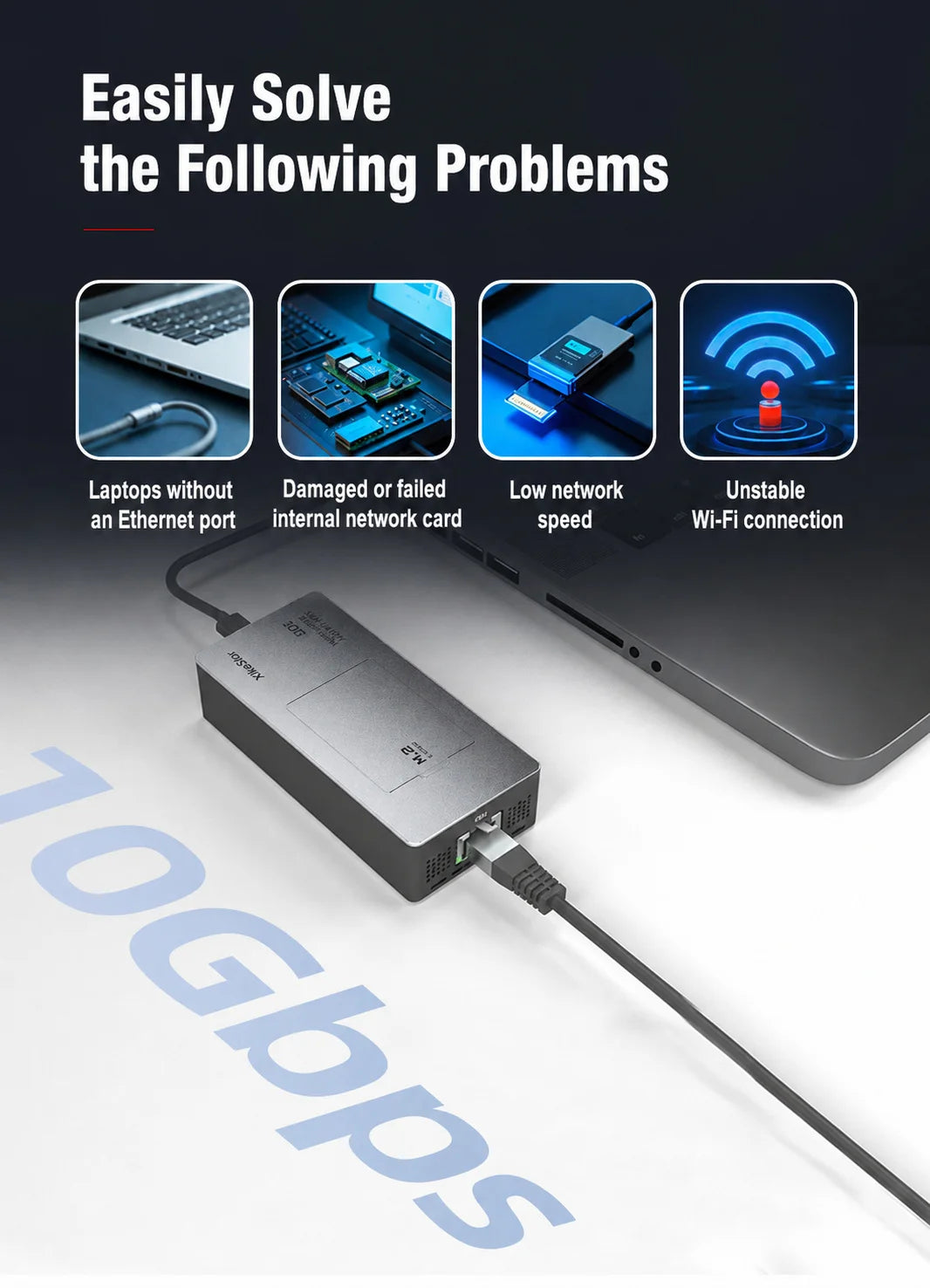 XikeStor SKN-U410M USB4 10GbE Ethernet Adapter 10G RJ45 with M.2 2230 NVMe SSD Enclosure for Thunderbolt 3/4/5 Mac PC