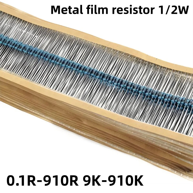 100PCS 1/2W 0.5W Metal film resistors 1% accuracy 10R-1M ohms 100R 220R 1K 2.2K 4.7K 10K 100K 470K DIY repair circuit