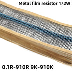 100PCS 1/2W 0.5W Metal film resistors 1% accuracy 10R-1M ohms 100R 220R 1K 2.2K 4.7K 10K 100K 470K DIY repair circuit