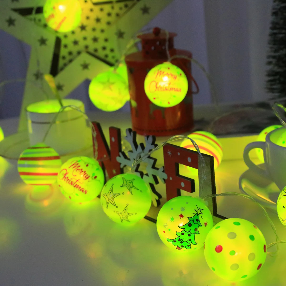 Luminous Xmas Bauble Fairy String Lights, Multipattern Printed Christmas Ball LED Garland, Whimsical Neon Tone Festive Lighting