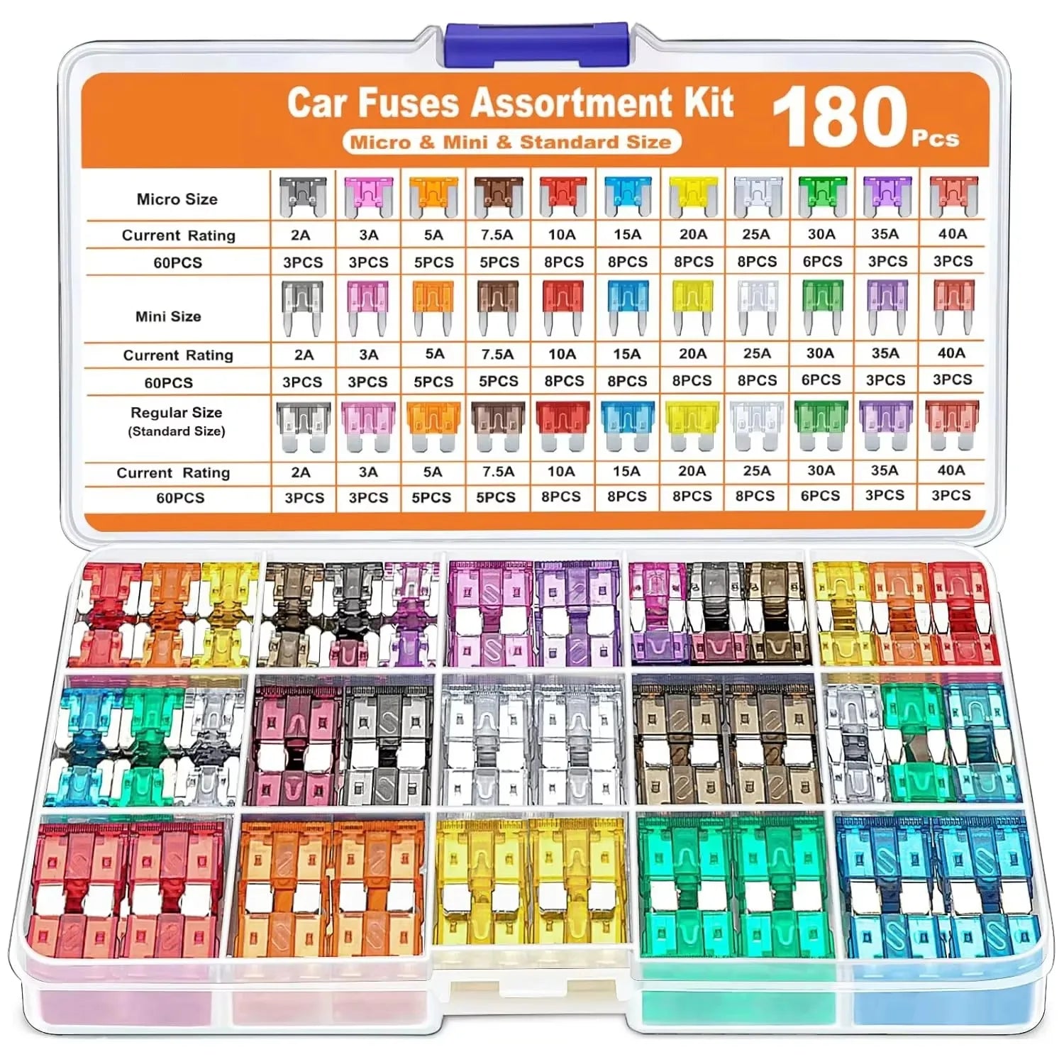 50/180Pcs Standard Car Fuses Assorted Kit, 60 Mini Blade Car Fuse +60 Standard Fuse Automotive +60 Micro Fuses Car Accessories