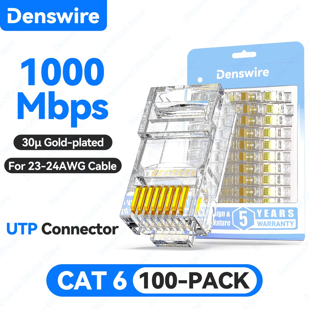 Denswire 100PCS CAT6A Cat6 Pass Through 8P8C RJ45 Modular Plug Network Connectors Unshielded/Shielded RJ45 Plug 30μ Gold-Plated