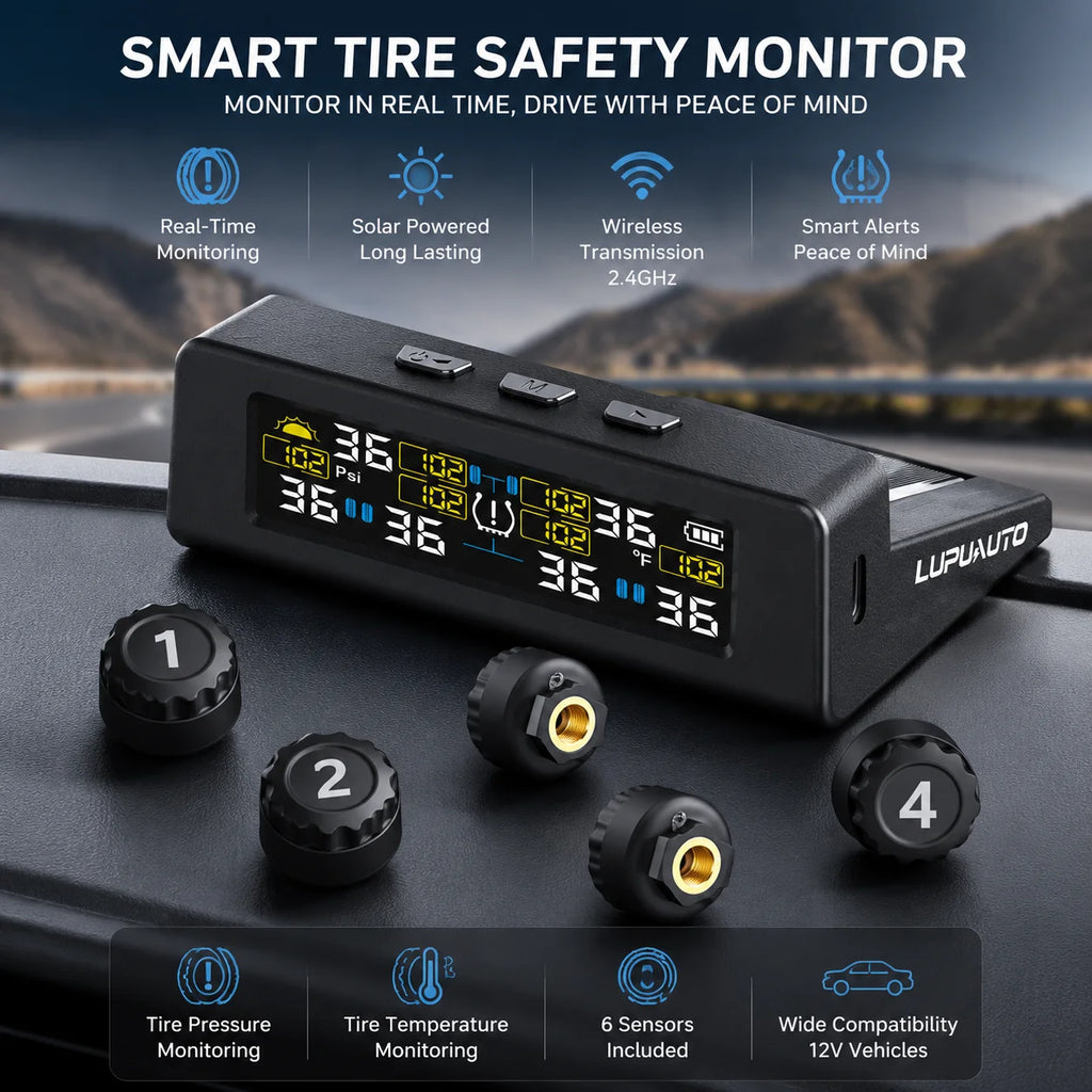 TPMS Tire Pressure Monitoring System Car Safety Alarm System Wireless Solar&USB Powered 4 Sensors with Color Digital Display