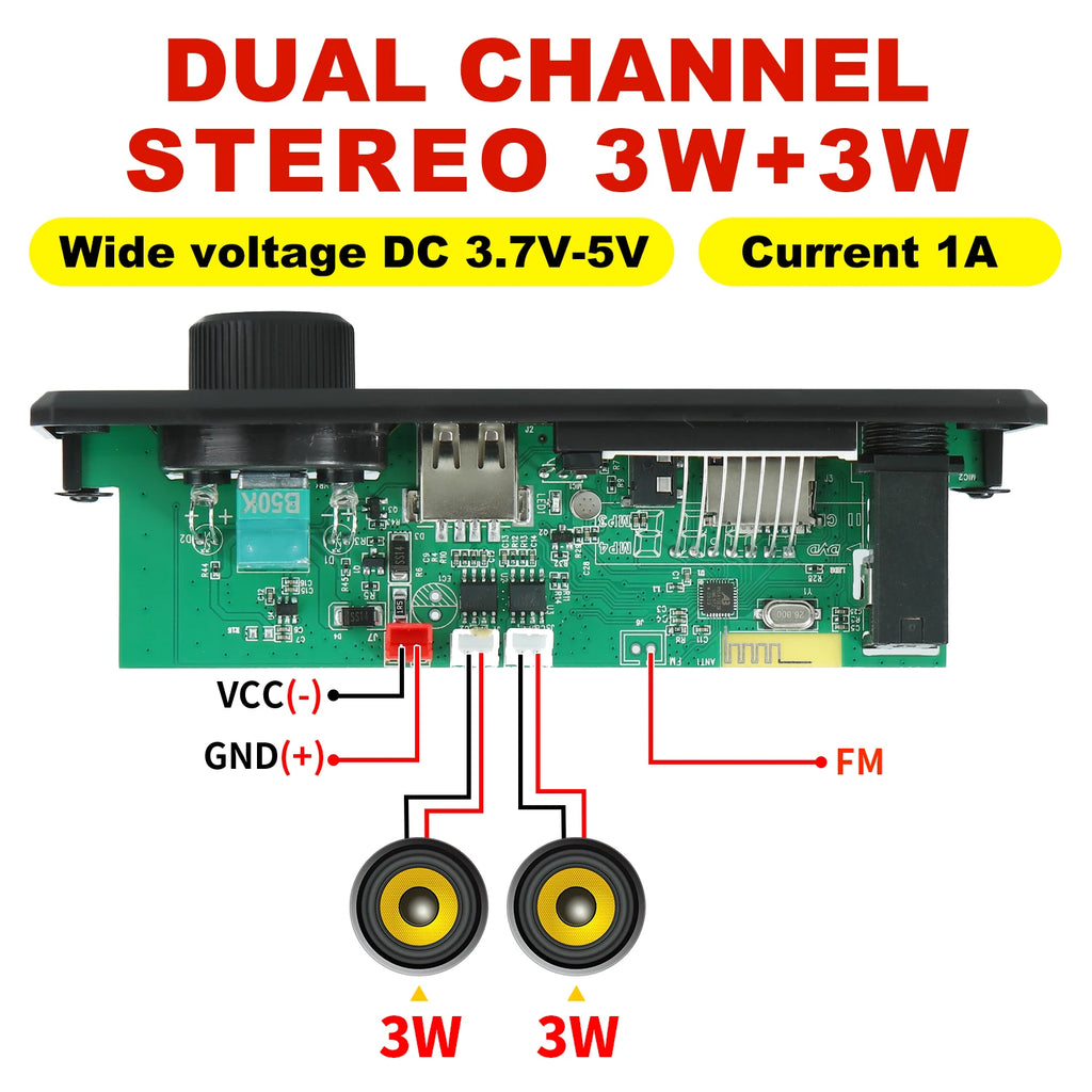 2*3W 6W Amplifier 5V MP3 Decoder Board Bluetooth 5.0 Stereo Audio DIY Car MP3 Player FM Radio TF USB 6.5mm Mic jack Record Call