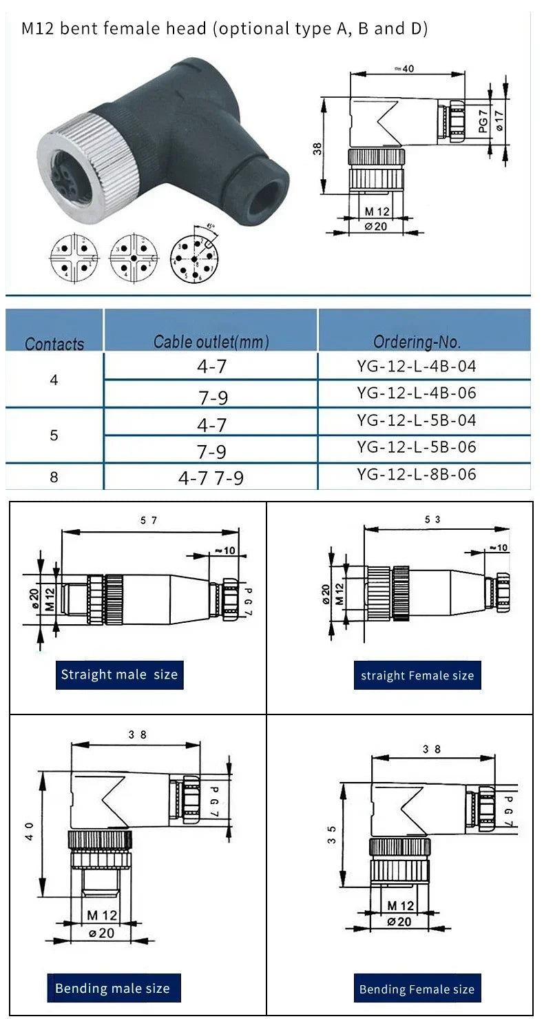 M12 Waterproof IP67 Aviation Plug Socket 4 5 8 Pin Hole Needle Male Curved Straight Screw Solderless Power Connector PG7 Charger