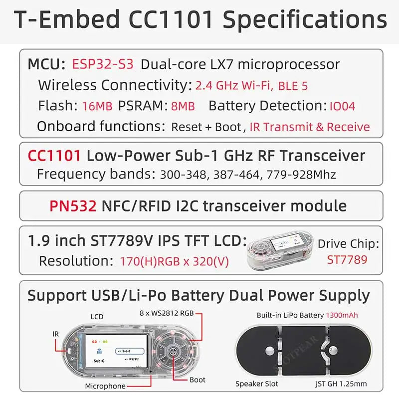 T-Embed ESP32-S3 CC1101 Low-Power Sub-1 GHz RF Transceiver PN532 NFC RFID I2C Module LCD Board Built-in Battery 1300mAh 1.9 inch