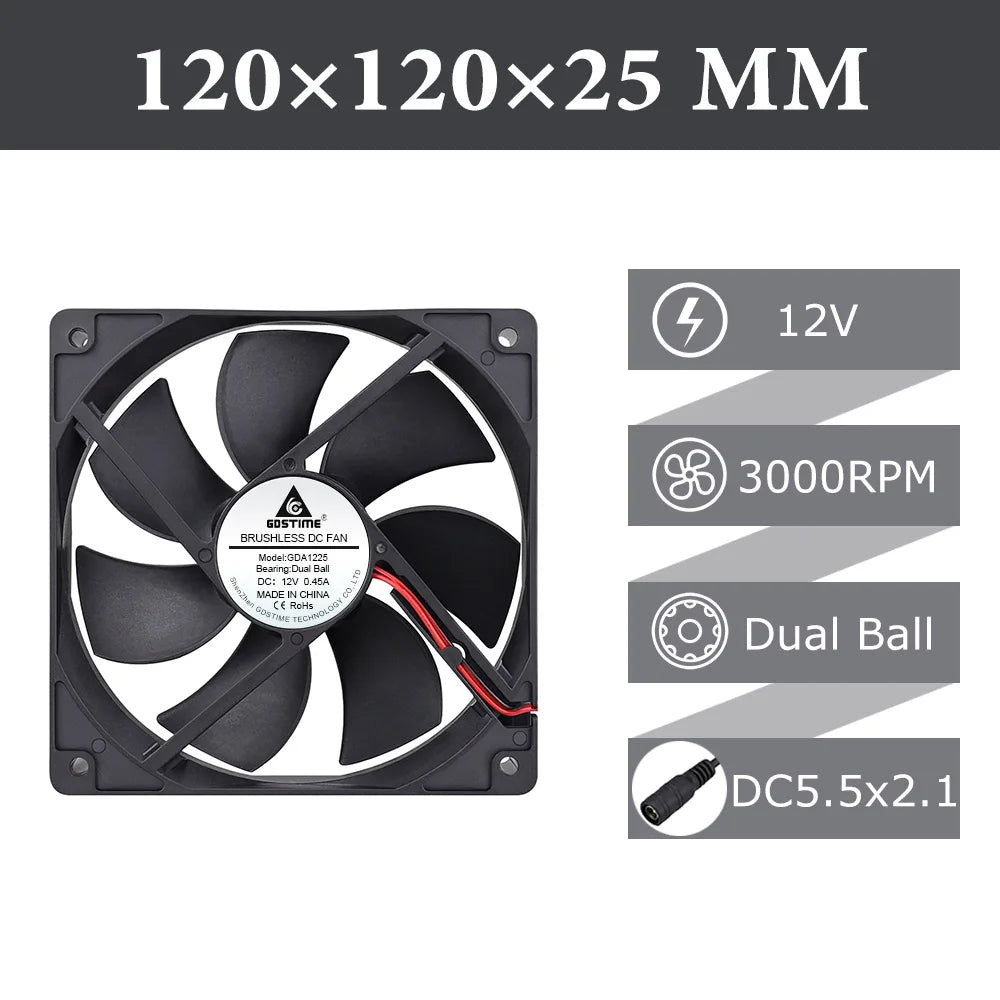 Gdstime 120mm USB PC Fan 5V 12V 24V 48V 12cm DC Brushless Cooling Fan 12025 2PIN 3PIN 4PIN Ball Computer Case Fan Waterproof Fan