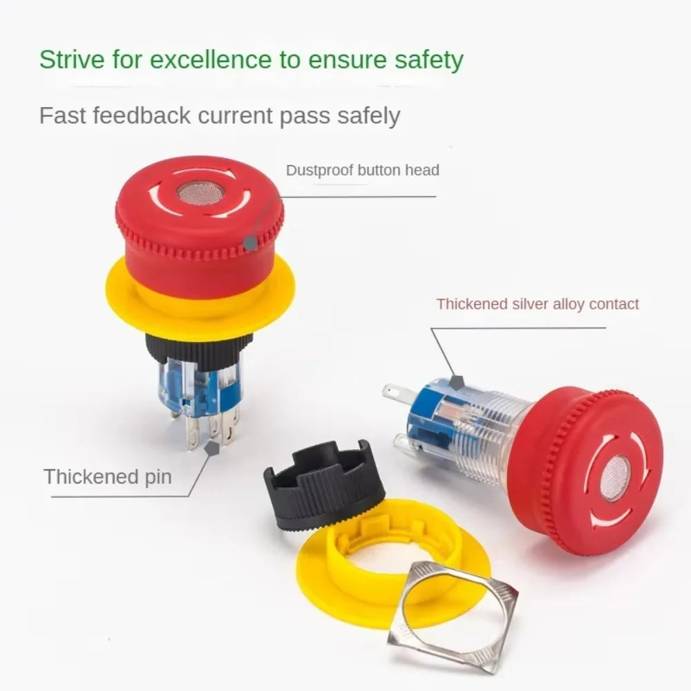 16MM Red Illuminated Rotary Emergency Stop Button Switch Wired with Light 1NO1NC Rotate Reset Welding Pin Knob Plastic Switches