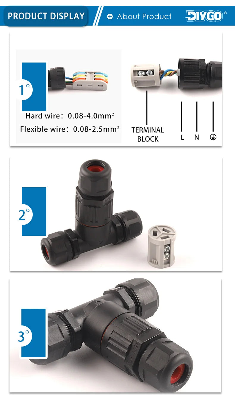 IP68 I/T Shape Waterproof Connector 2/3/5 Pin Wire Connectors Quick Screw Connect Push-in Terminals Electric Junction Box DIY GO