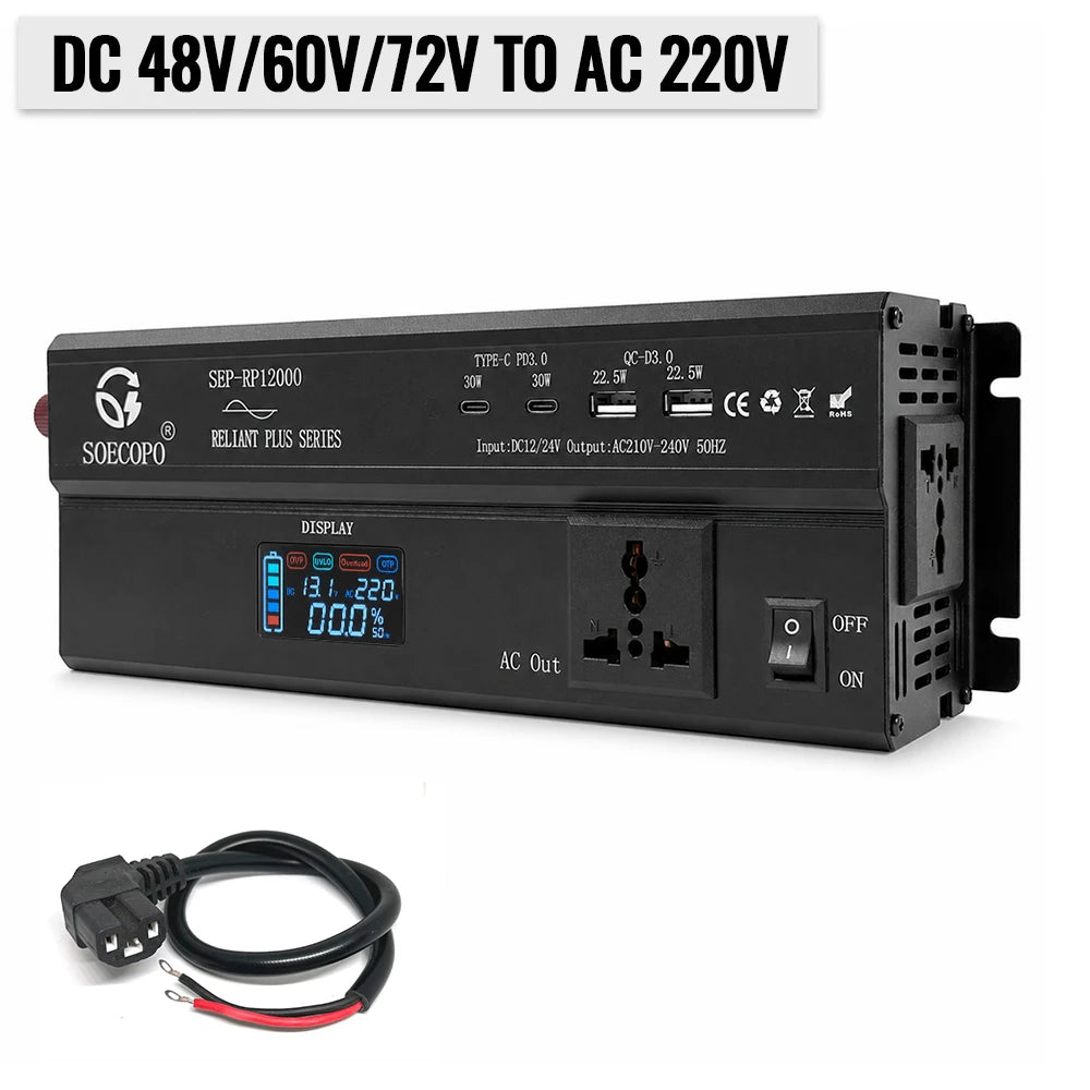SOECOPO Power Inverter 12000W Peak 12V/24V/48V/60V/72V to 110V 220V Converter 2×PD3.0 Type-C & QC3.0 USB for RV Camping Off-Grid