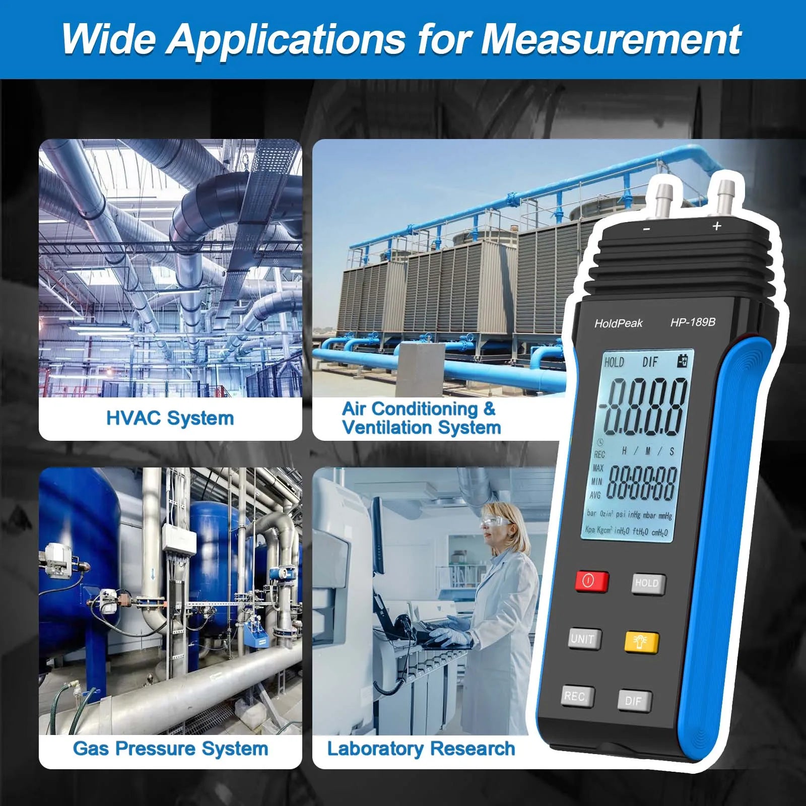 HoldPeak 189B Digital Manometer 11 Units Differential Pressure Gauge MAX/MIN/AVG Backlight for HVAC System