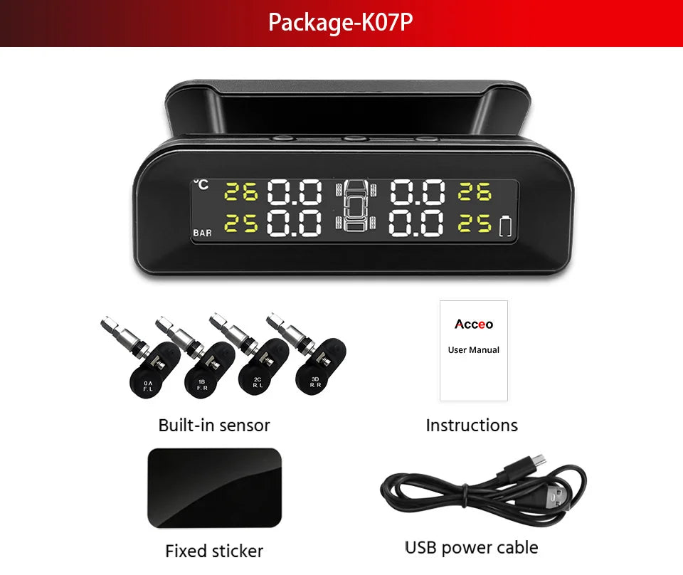 E-ACE K07 TPMS Solar Sensor Intelligence Wireless Tire Pressure Monitoring System Temperature Warning With 4 Sensors