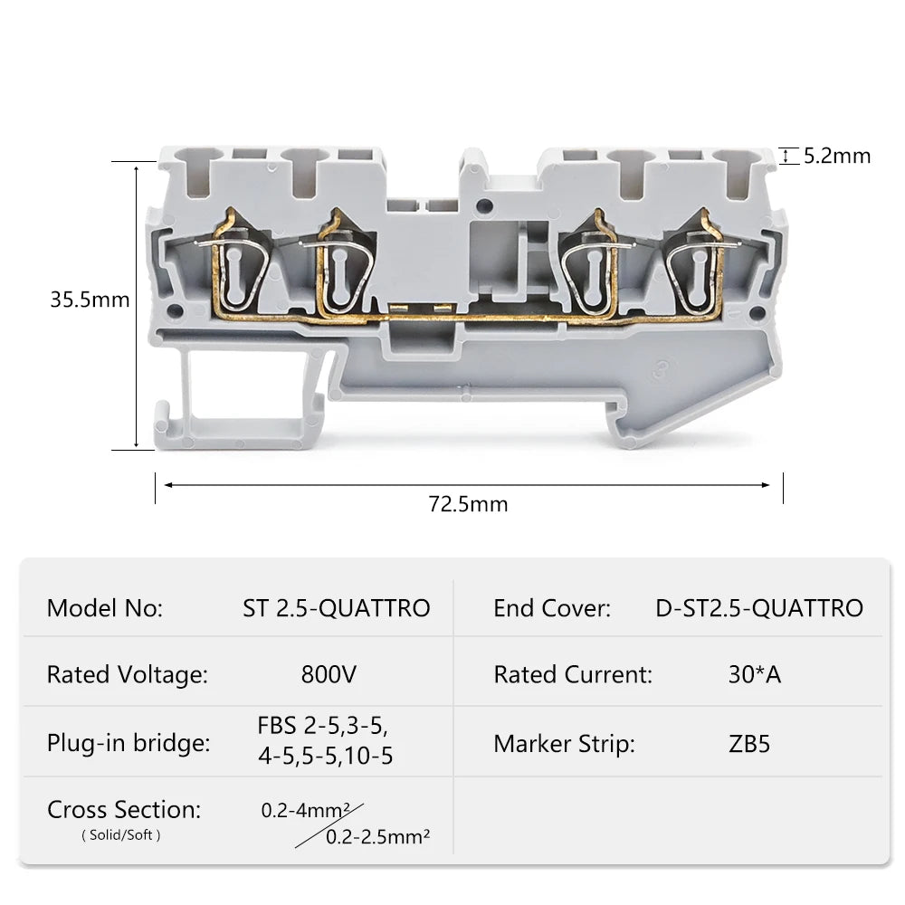 50Pcs ST 2.5-QUATTRO 4-Wire Terminal Block 2.5mm DIN Rail Compact Reliable Wiring Connections