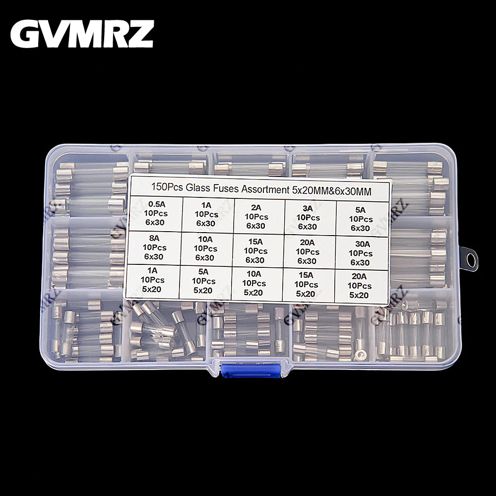 150Pcs 15value 5x20mm 6x30mm Glass Fuse Assorted Kit Box 0.25A 0.5A 1A 2A 3A 5A 8A 10A 15A 20A 30A