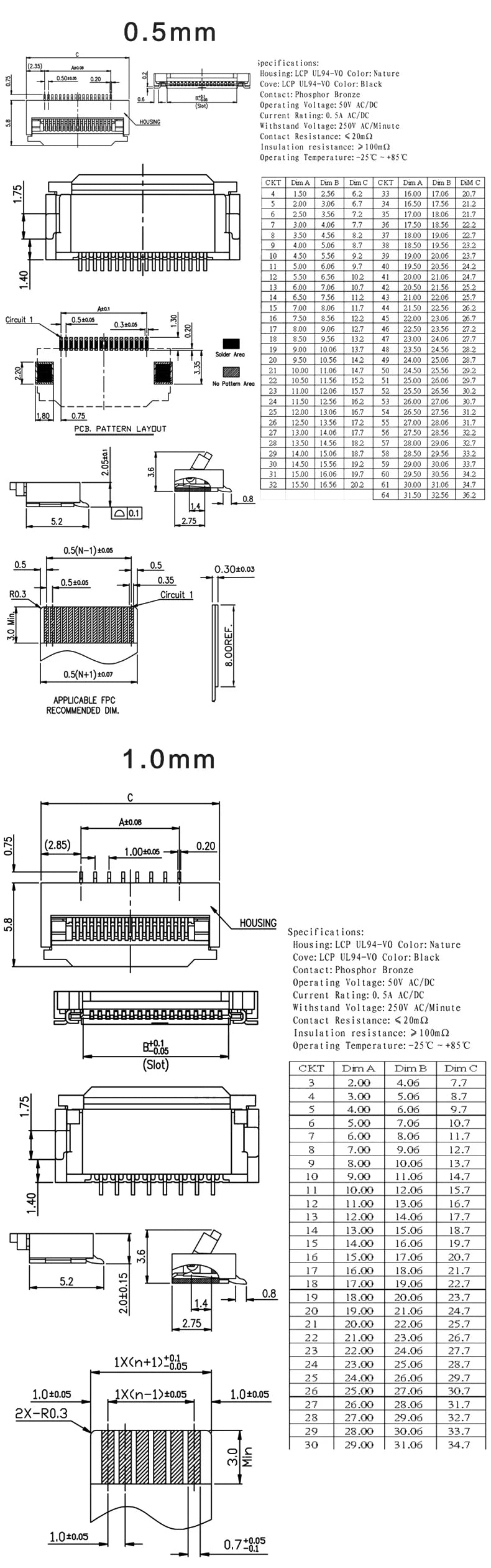 10pcs 0.5mm/1mm Pitch Under Clamshell Socket FPC FFC Flat Cable Connector 4P 5P 6P 8P 10P 12P 14P 16P 20P 22P 24P 30P 34P 40P