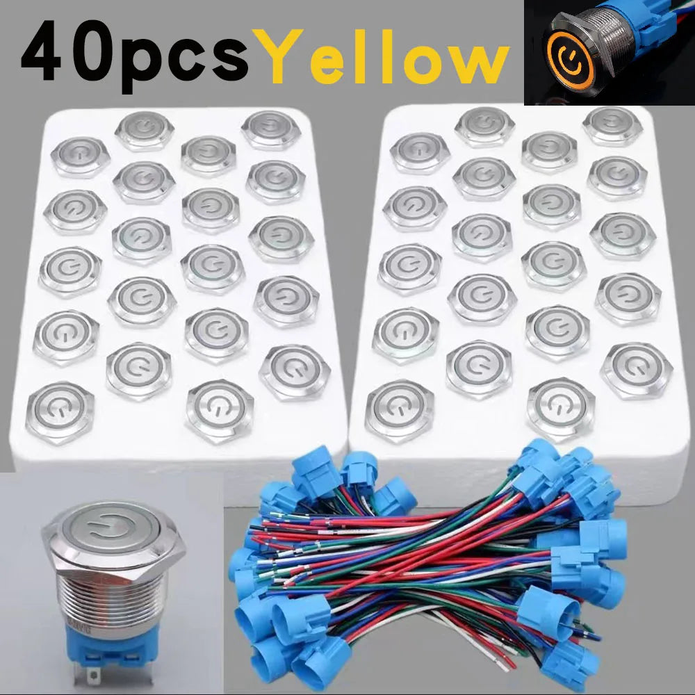 40pcs 22mm Push Button Switch Latching Momentary Metal PC Power LED Light On Off with Wire Waterproof 12v 3v 5v 6v 24v 220v Red