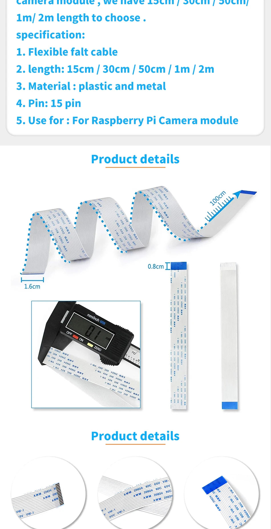 2M 1M 50CM 30CM for Raspberry Pi 3 Camera Cable Ribbon FFC 15pin 0.5mm Pitch Flat Wire Cable for Raspberry Model B Camera Line