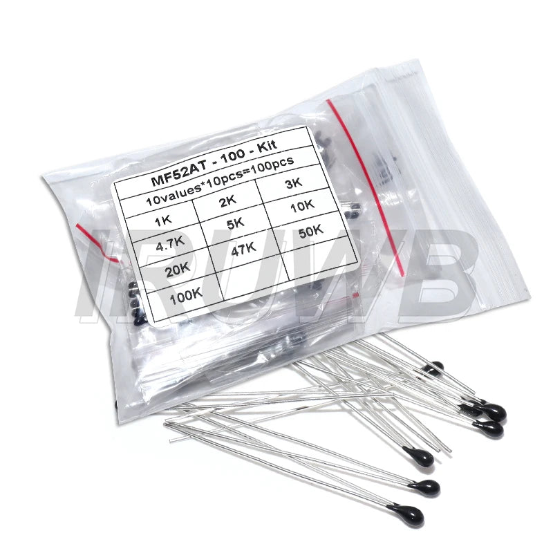 100pcs NTC-MF52AT 1K 2K 3K 4.7K 5K 10K 20K 47K 50K 100K +-5% 3950B 10value*10pcs NTC Thermistor Resistor Kit
