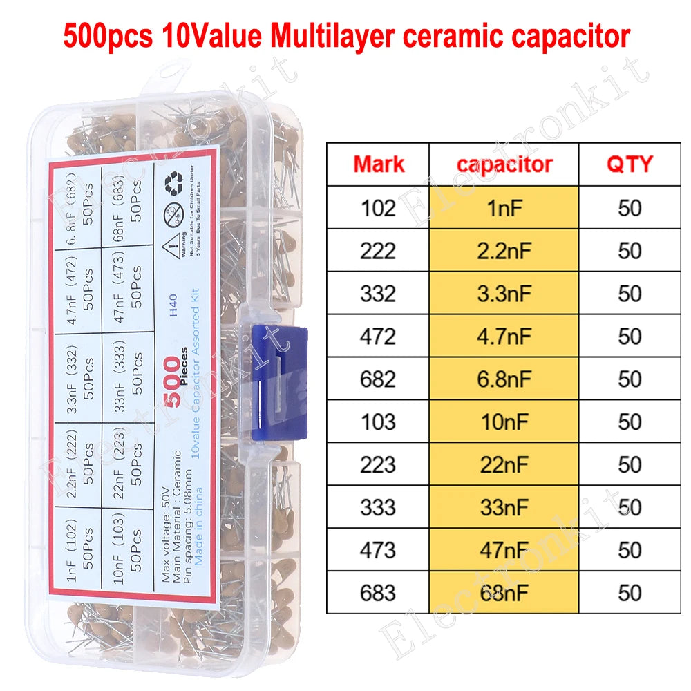 50V 10pF~10uF Multilayer Ceramic Capacitor Assorted kit Pin=5.08mm