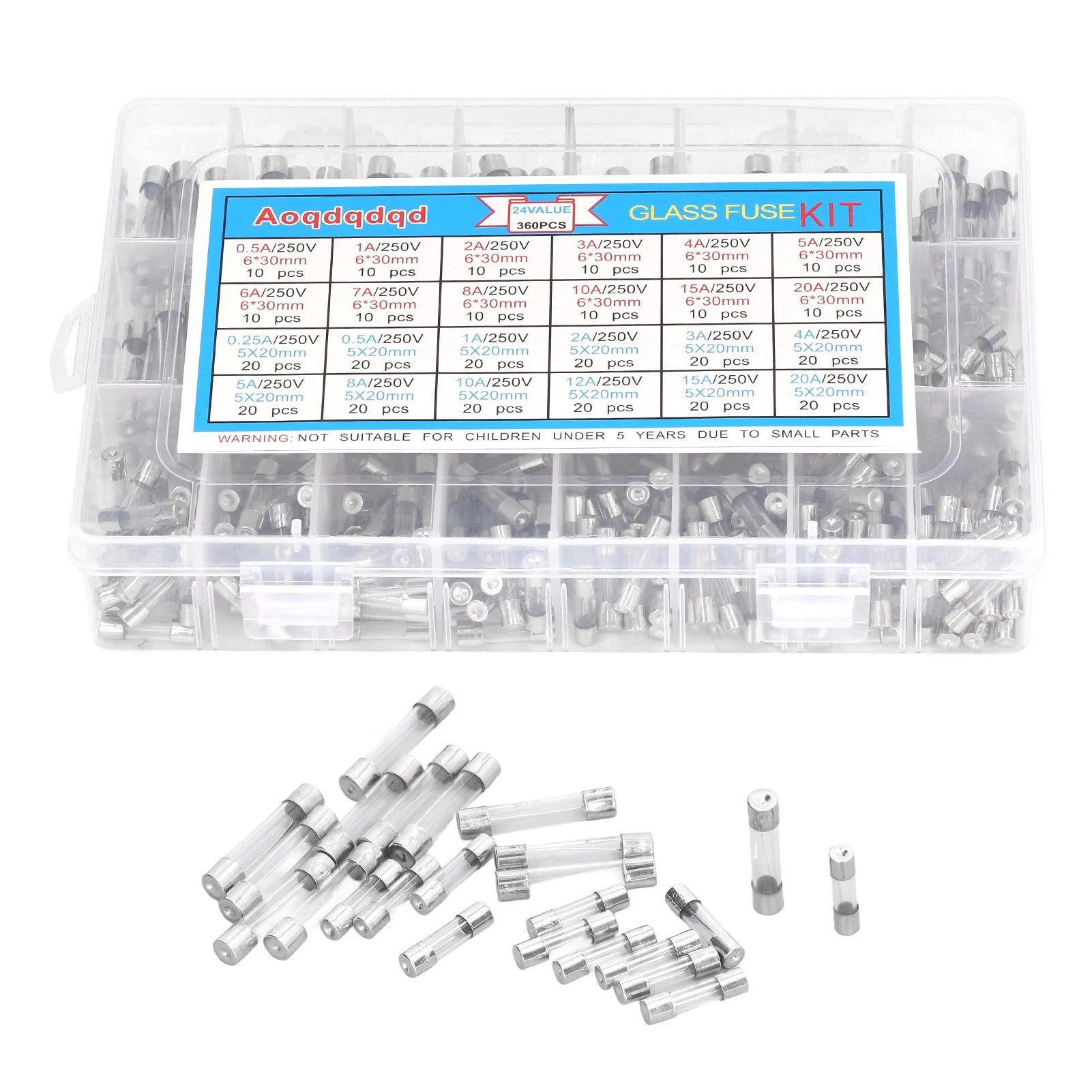 360Pcs/box Glass Fuse Tube 0.25A‑20A 24 Types 6x30mm 5x20mm Assortment Set Kit for Circuit Protection