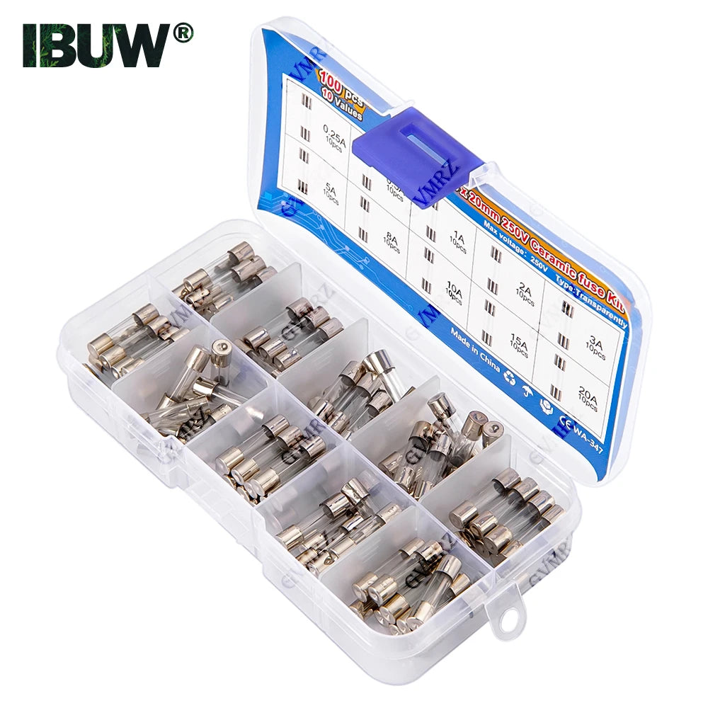 100pcs 5x20mm Quick Blow Glass Tube Fuse Assorted Kit Amp 0.25A 0.5A 1A 2A 3A 5A 8A 10A 15A 20A 250V with Storage Box