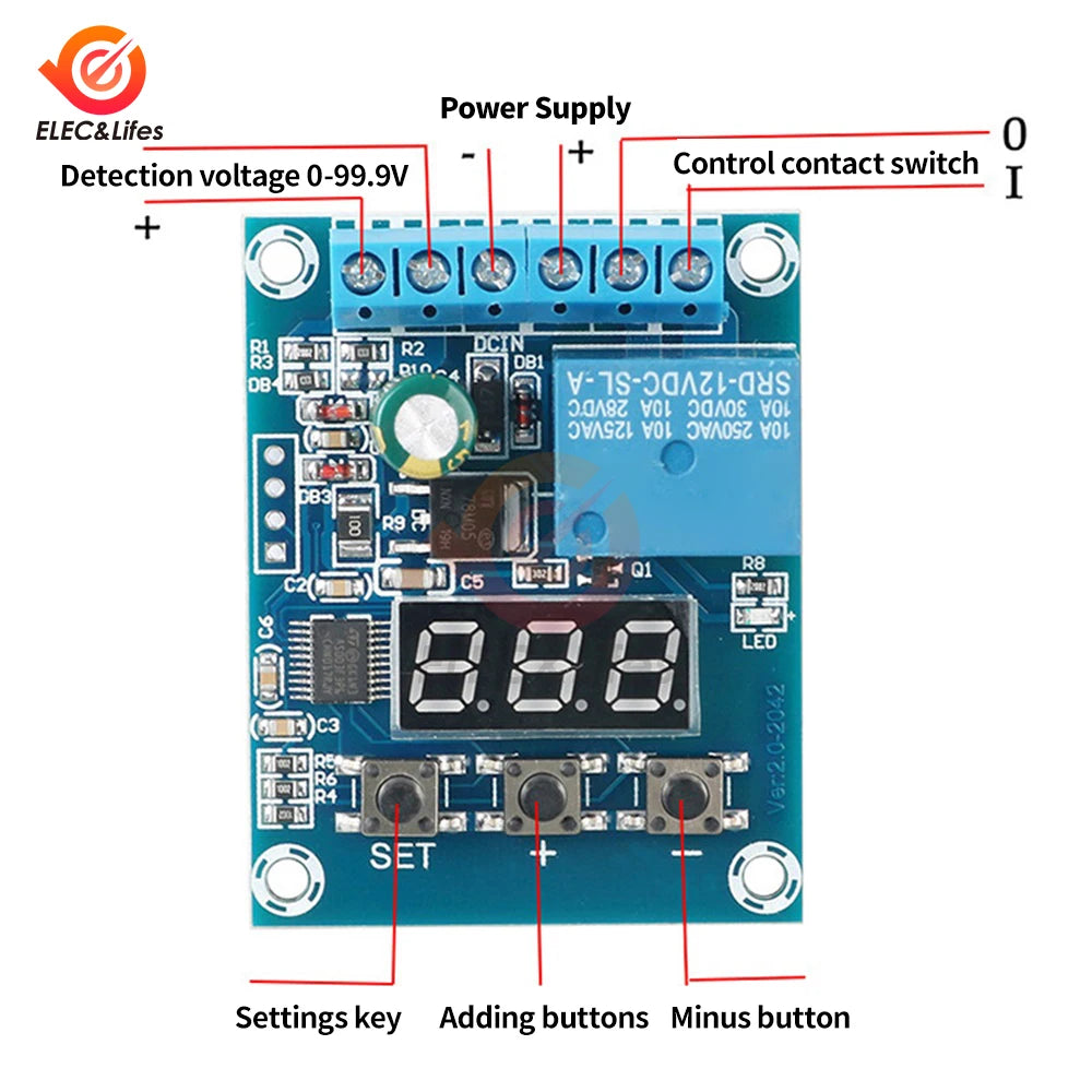 DC 5V 12V 24V Voltage Detection Module Relay LED Digital Display Circuit Monitoring Module Voltage Range 0-99.9V