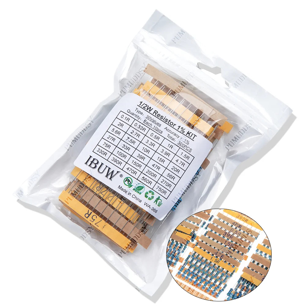 300PCS/Set 30 Kinds 1/4W 1/2W 1W 2W 3W Resistance 1% Metal Film Resistor Pack Assorted Kit 0.1R-750R 1K-820K Resistor 150PCS/Set