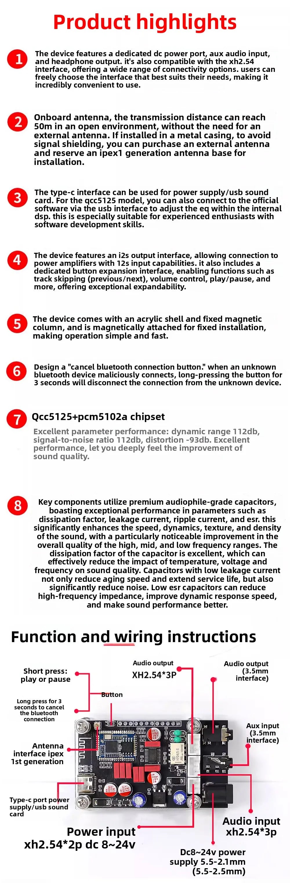 QCC5125 pcm5102 Qualcomm Bluetooth Decoder Receiver Module aptx LDAC Hi-Fi Lossless HIFI