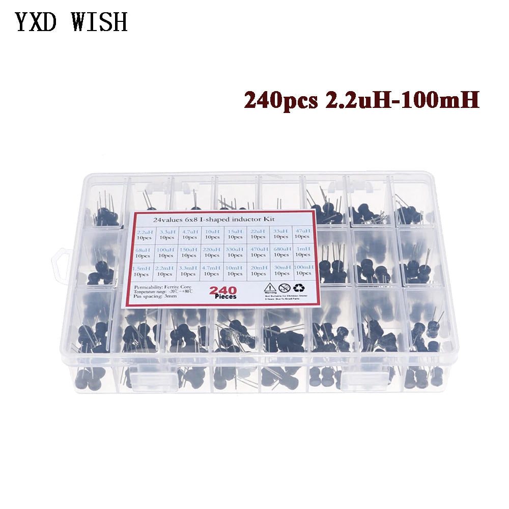 240pcs 2.2uH-100mH 24Value x 10pcs 6*8mm Choke I-Shaped Power Inductor Assorted Kit 10uH 22uH 100uH 220uH 470uH 1MH 2.2MH 10MH
